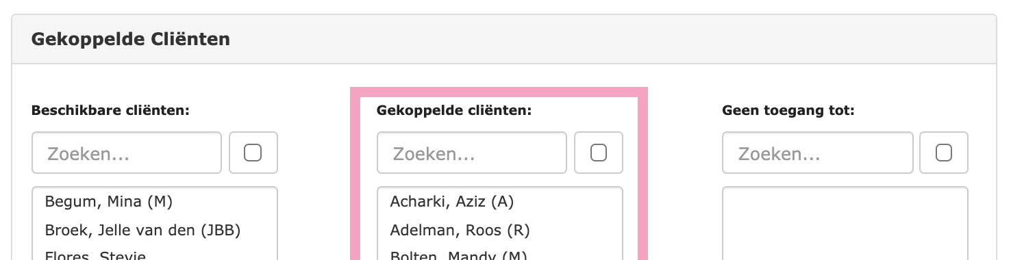 Screenshot van Gekoppelde Clienten